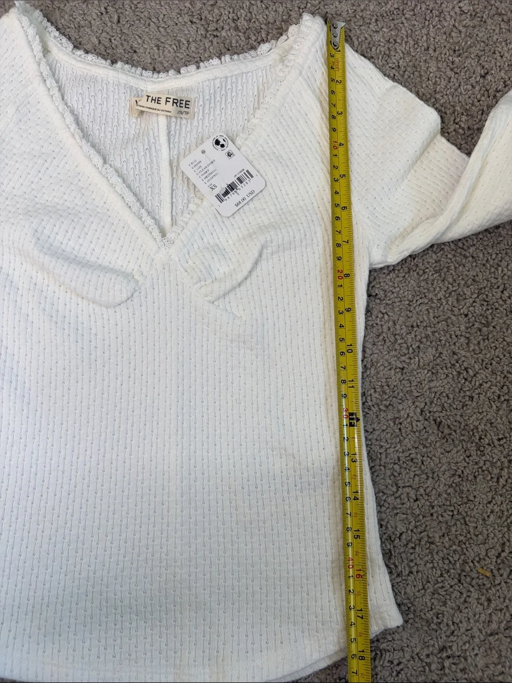 We The Free People Ivory Knit Long Sleeve V-Neck Babydoll Thermal Top XS NWT